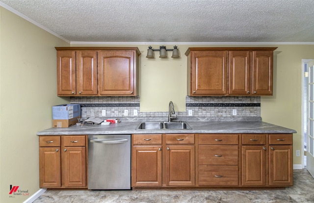 kitchen featuring ornamental molding, dishwasher, sink, and tasteful backsplash