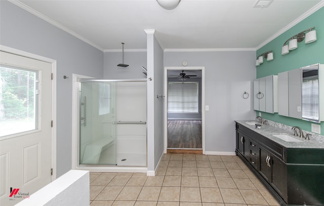 bathroom featuring crown molding, tile patterned floors, a shower with shower door, ceiling fan, and vanity