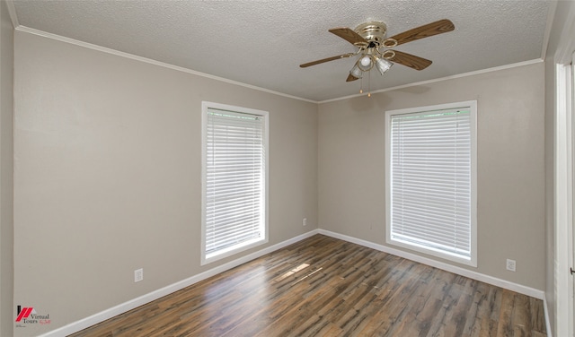 empty room featuring ceiling fan, a textured ceiling, crown molding, and dark hardwood / wood-style flooring