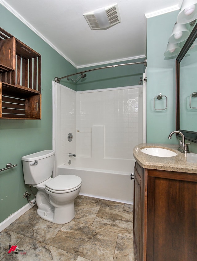 full bathroom featuring shower / washtub combination, ornamental molding, vanity, and toilet