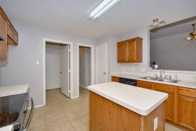 kitchen featuring a kitchen island, dishwasher, stainless steel stove, ceiling fan, and sink