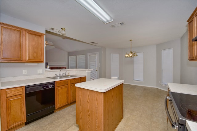 kitchen with range, black dishwasher, a center island, decorative light fixtures, and sink