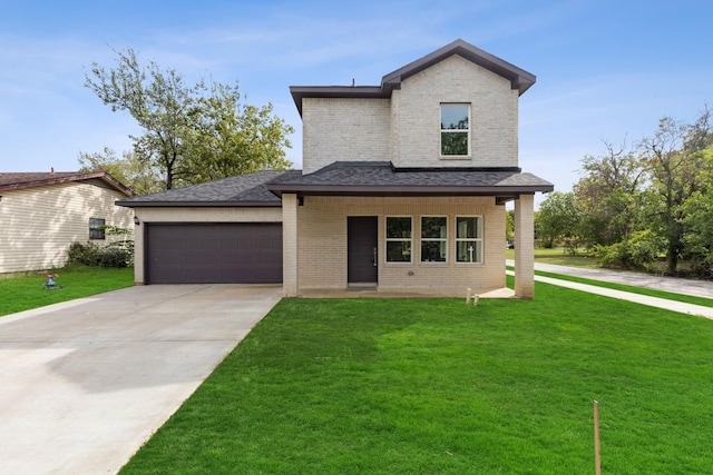 view of front of home with a porch, a front yard, and a garage