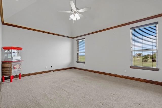 carpeted empty room with lofted ceiling and ceiling fan