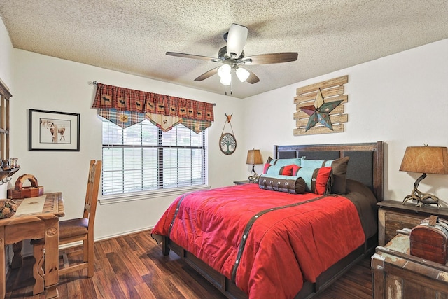 bedroom featuring ceiling fan, a textured ceiling, and dark hardwood / wood-style floors