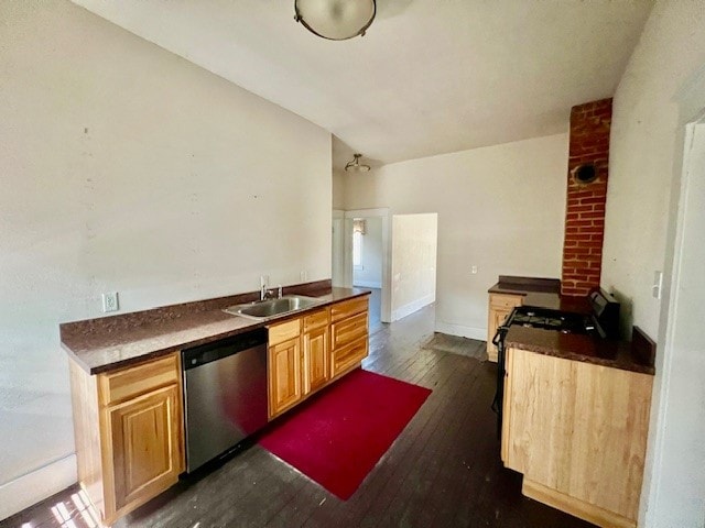 kitchen featuring dark hardwood / wood-style flooring, dishwasher, range, and sink