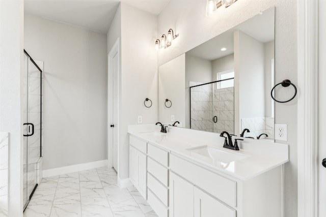 bathroom with walk in shower and vanity