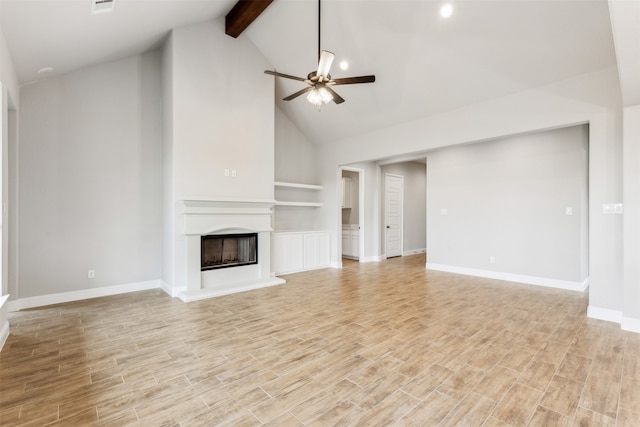 unfurnished living room featuring ceiling fan, light hardwood / wood-style flooring, beam ceiling, and high vaulted ceiling