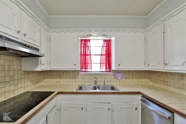 kitchen featuring black electric cooktop, tile countertops, dishwasher, and white cabinets