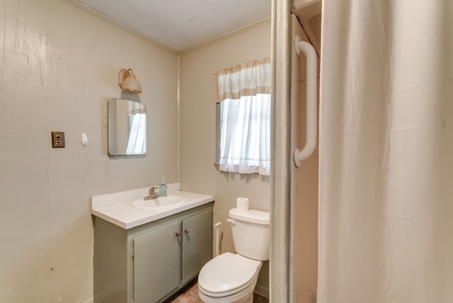 bathroom featuring toilet, vanity, and ornamental molding