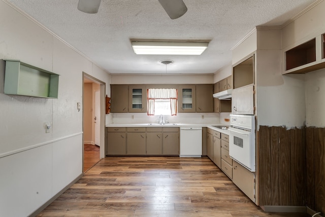 kitchen with white appliances, a textured ceiling, dark hardwood / wood-style floors, ceiling fan, and sink