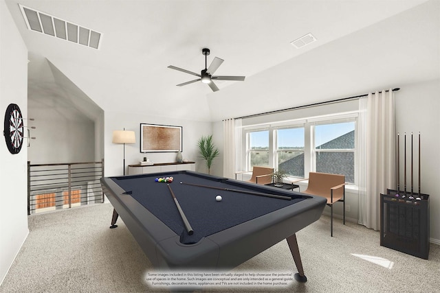 playroom featuring ceiling fan, pool table, vaulted ceiling, and carpet floors