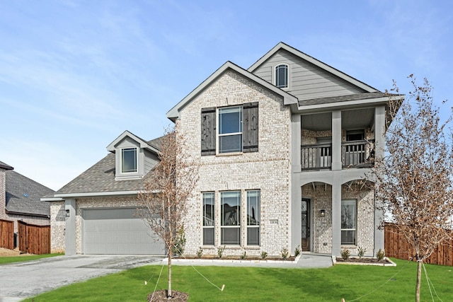 view of front of home featuring a garage, a balcony, and a front yard