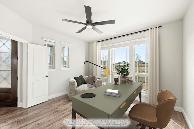 office area featuring hardwood / wood-style flooring and ceiling fan