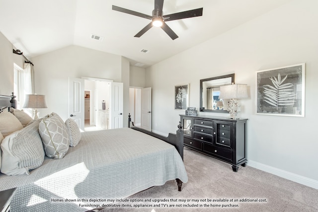 bedroom with ceiling fan, light colored carpet, and lofted ceiling