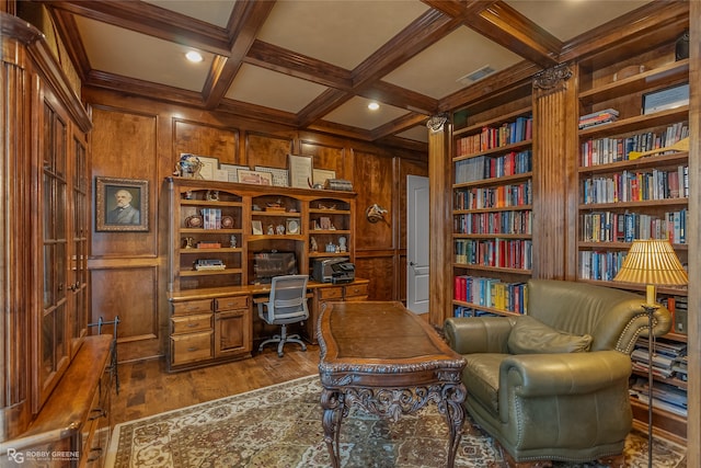 home office featuring coffered ceiling, dark hardwood / wood-style flooring, beamed ceiling, built in shelves, and wooden walls