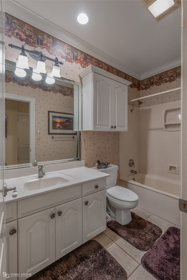 full bathroom featuring vanity, toilet, ornamental molding, shower / bathtub combination, and tile patterned flooring