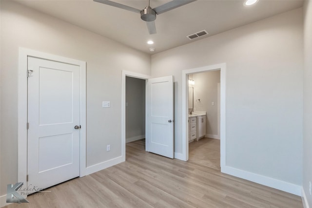 unfurnished bedroom with recessed lighting, baseboards, visible vents, and light wood finished floors