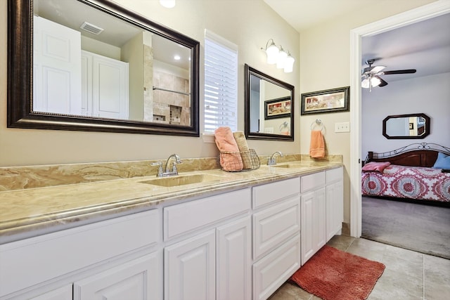 bathroom with vanity, tile patterned floors, and ceiling fan