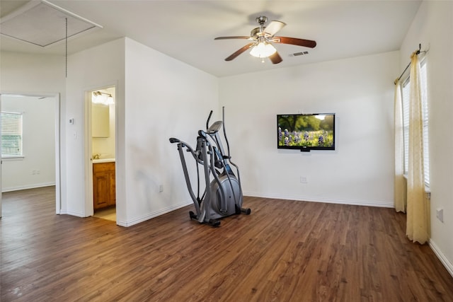 workout room with ceiling fan and dark hardwood / wood-style flooring