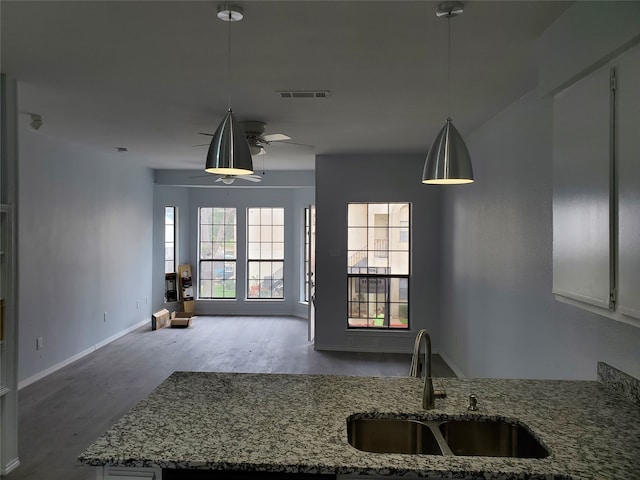 kitchen with wood-type flooring, light stone counters, ceiling fan, and sink