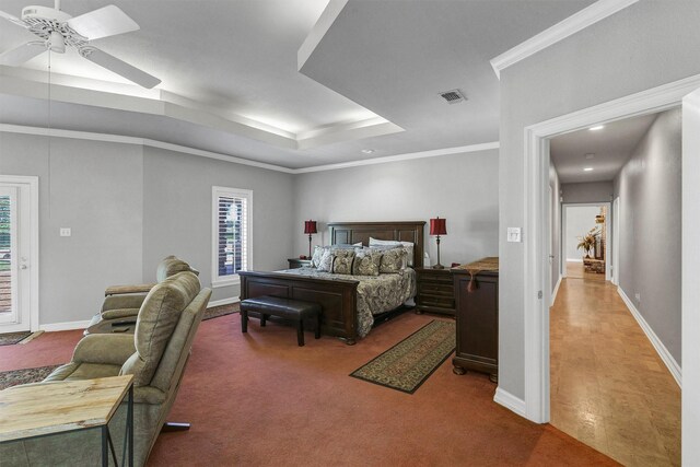 carpeted bedroom with ceiling fan, access to exterior, and ornamental molding