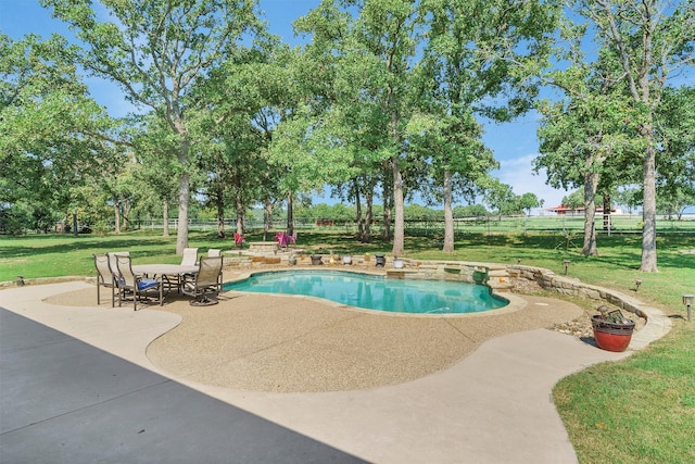 view of pool with a patio area and a yard