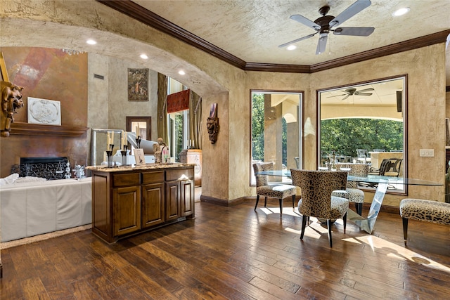 interior space featuring dark wood-type flooring, ornamental molding, a textured ceiling, and plenty of natural light