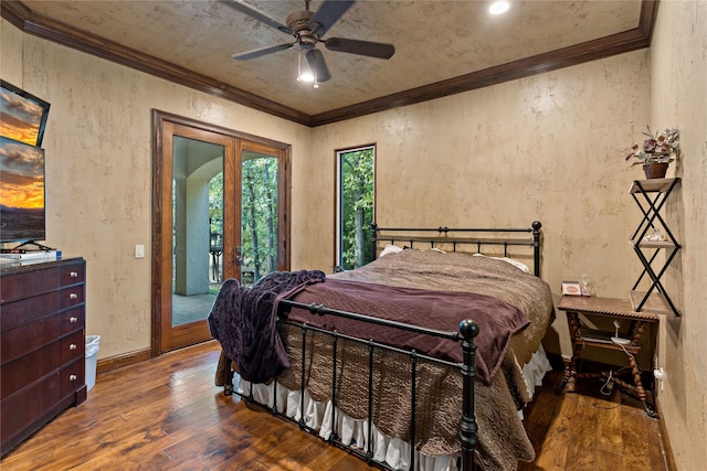 bedroom with french doors, access to outside, ornamental molding, hardwood / wood-style flooring, and ceiling fan