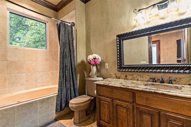 full bathroom with vanity, crown molding, toilet, and shower / bath combo with shower curtain