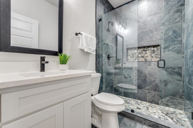 bathroom with toilet, vanity, and an enclosed shower