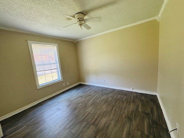 unfurnished room with a textured ceiling, crown molding, dark hardwood / wood-style flooring, and ceiling fan