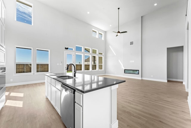 kitchen with light wood finished floors, a glass covered fireplace, open floor plan, stainless steel appliances, and a sink