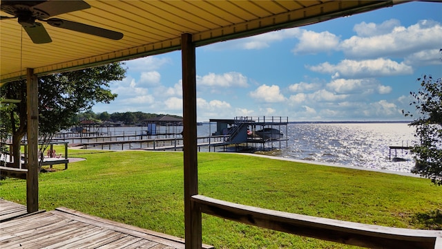 view of dock featuring a water view and a lawn