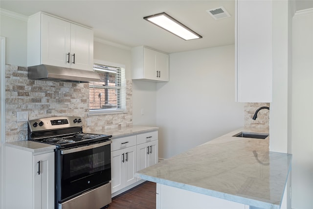 kitchen featuring stainless steel electric range, white cabinets, backsplash, crown molding, and sink