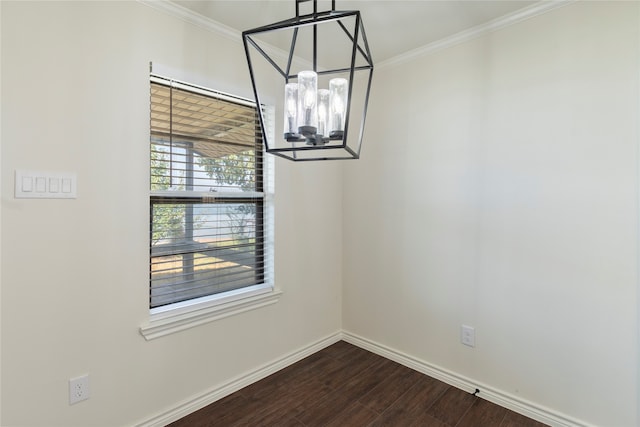 unfurnished dining area with ornamental molding, dark wood-type flooring, and a notable chandelier