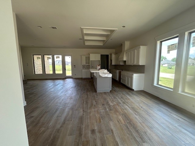 kitchen with white cabinets, premium range hood, a center island with sink, and a healthy amount of sunlight