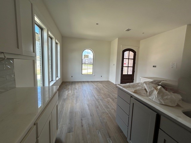 kitchen with light hardwood / wood-style floors and gray cabinets