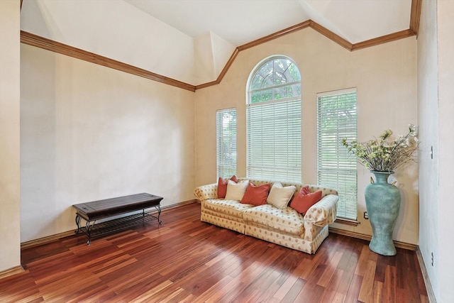 interior space featuring lofted ceiling, dark hardwood / wood-style floors, and crown molding