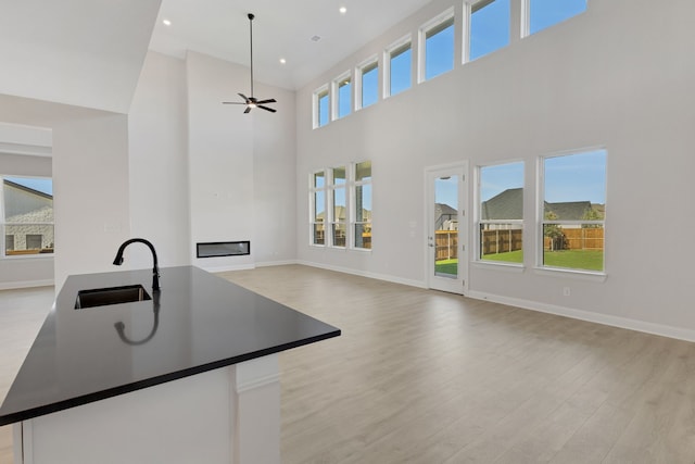 kitchen featuring a kitchen island with sink, sink, light hardwood / wood-style flooring, and a healthy amount of sunlight