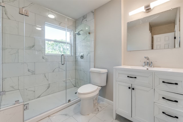 bathroom featuring walk in shower, vanity, and toilet