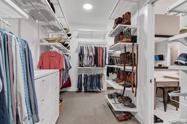 walk in closet with light carpet