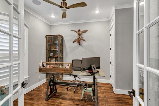 home office with ceiling fan, ornamental molding, and dark hardwood / wood-style flooring