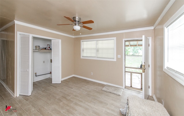 unfurnished bedroom featuring light hardwood / wood-style flooring, a closet, ceiling fan, and ornamental molding