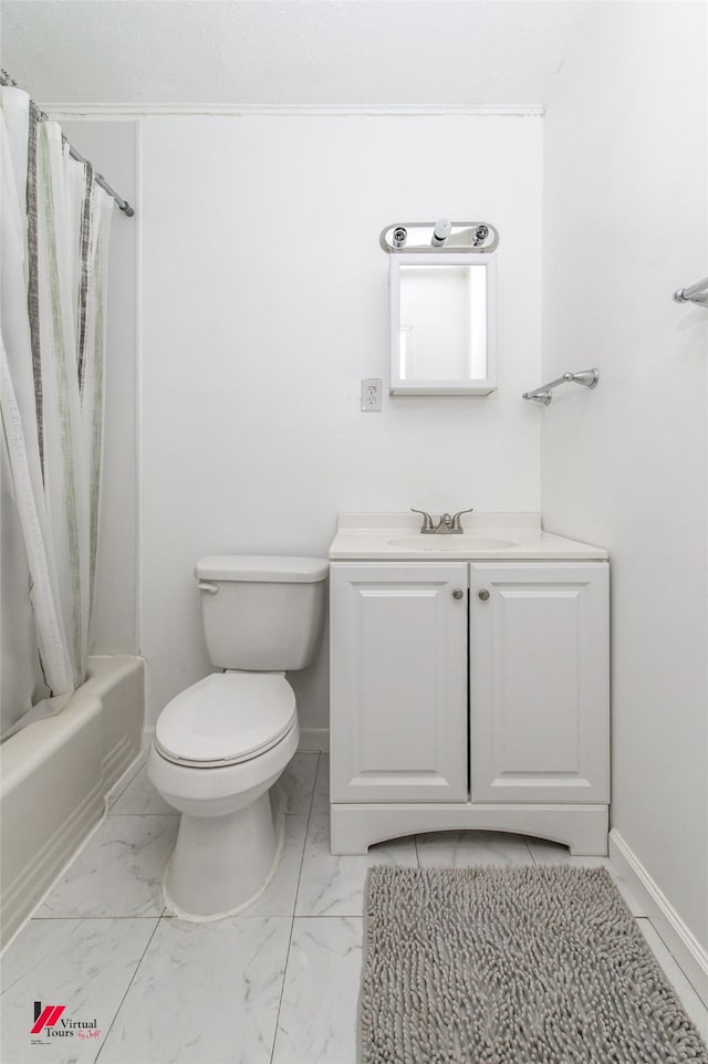 full bathroom with vanity, shower / tub combo, and toilet