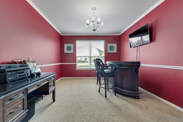 home office with carpet floors, a notable chandelier, and ornamental molding