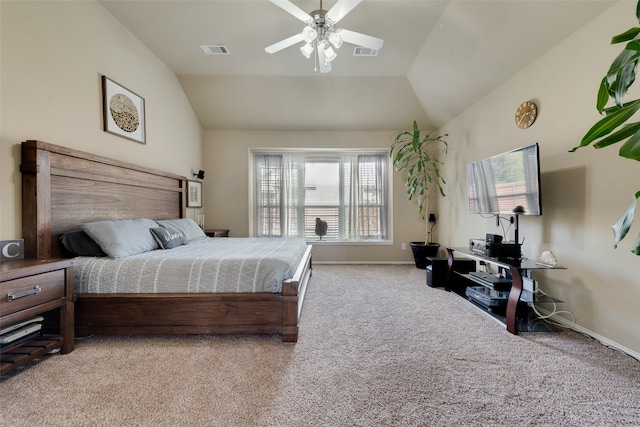 carpeted bedroom featuring lofted ceiling and ceiling fan