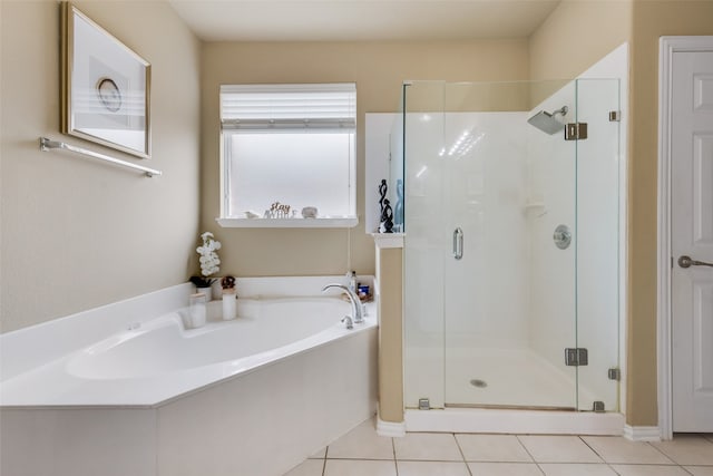 bathroom featuring independent shower and bath and tile patterned floors