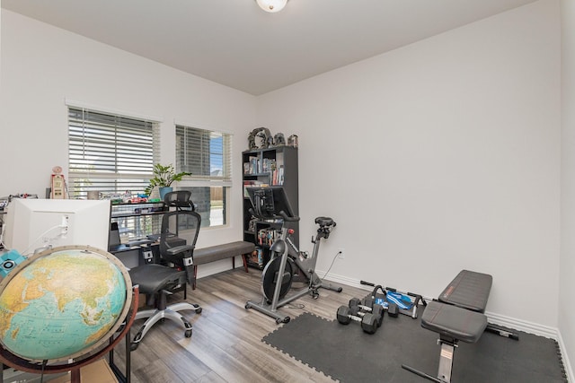 workout room with hardwood / wood-style flooring