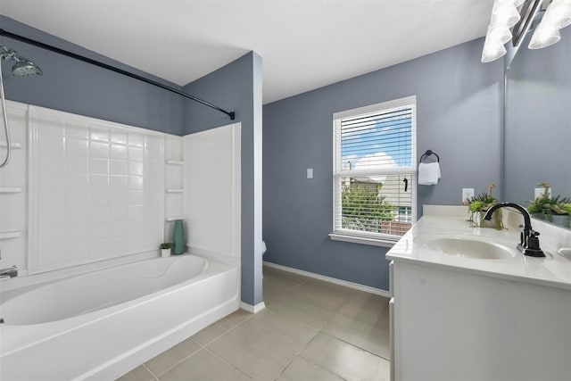 full bathroom featuring tile patterned flooring, vanity, toilet, and shower / washtub combination